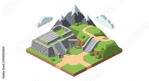 Isometric ancient ruins on mountain landscape with pathways and clouds