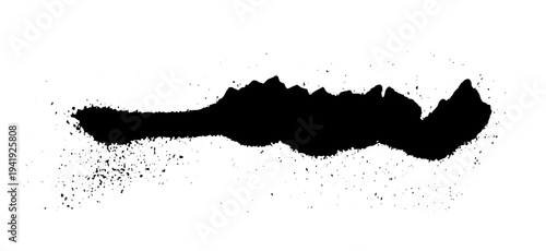 Black ink splatter with scattered drops and spray effect resembling aerosol paint. Grunge style vector illustration of liquid splash isolated on white background.