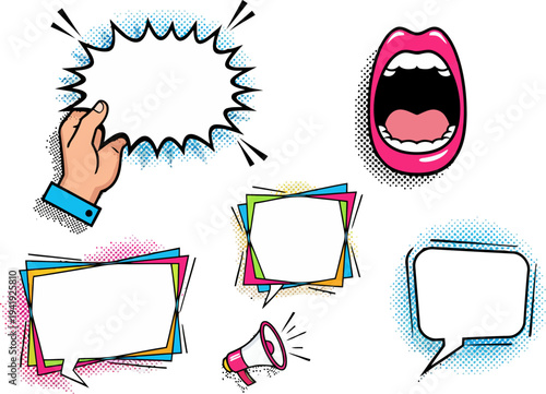 Vibrant Retro Pop Art Comic Elements Speech Bubbles Shouting Mouth Megaphone EPS10 Stock.eps