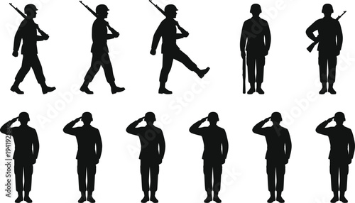 Soldier silhouette vector set, military infantry figures saluting and marching, army veteran icon collection
