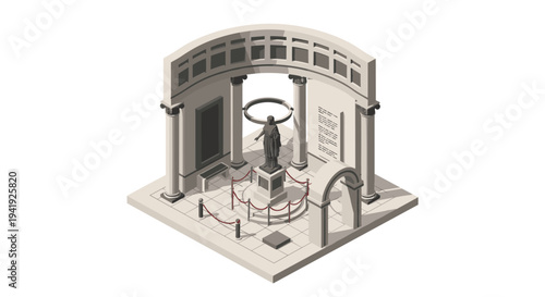 Ancient monument with archways and statue in isometric design