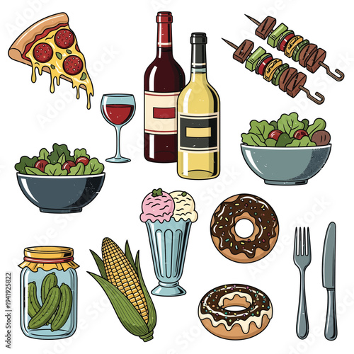 A delightful assortment of diverse food and drink items arranged together artistically. illustration