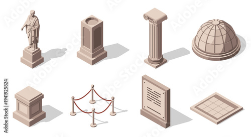 Isometric ancient architecture elements: columns, statues, and structures