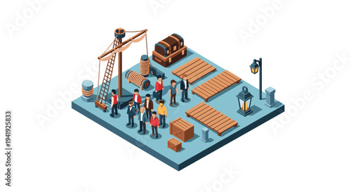 Isometric dock with people, cargo, and nautical elements in 3d style