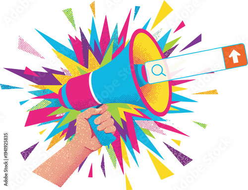 Vibrant pop art megaphone with search bar for digital communication and content sharing EPS10 Stock.eps