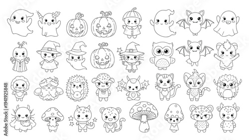 Kawaii halloween coloring book icons with cute ghosts and pumpkins vectorKawaii halloween coloring book icons with cute ghosts and pumpkins vector