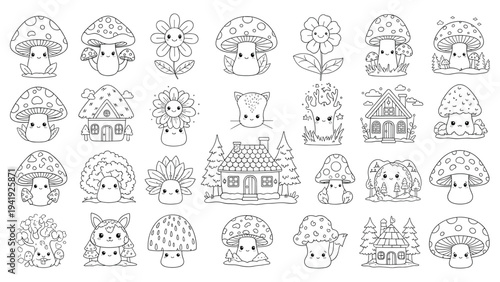 Kawaii mushrooms and fairy houses coloring page for kids vector illustrationKawaii mushrooms and fairy houses coloring page for kids vector illustration
