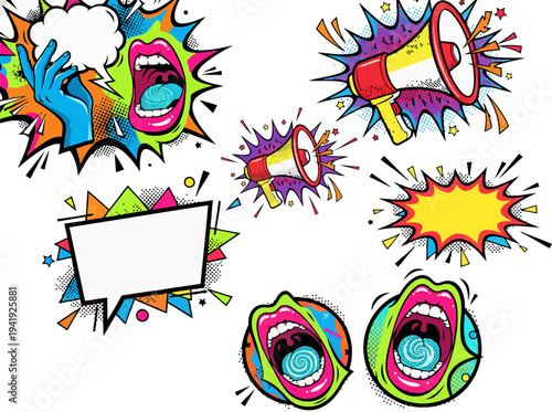 Vibrant Pop Art Comic Burst Elements Megaphones Bubbles Shouting Mouths EPS10 Stock.eps