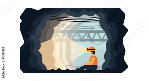 Miner working underground in tunnel with safety gear and helmet