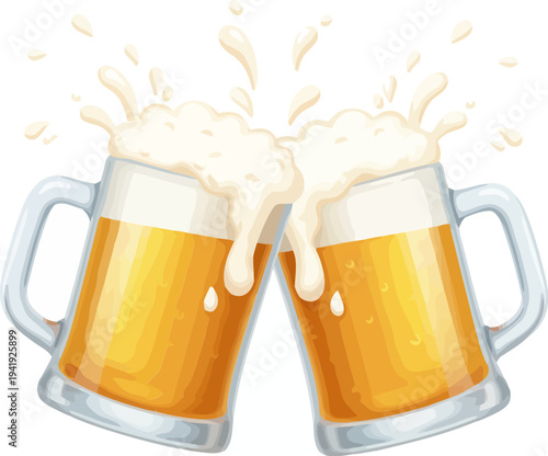 Two cartoon beer mugs clinking with splashing foam Vector illustration EPS10 Stock.eps