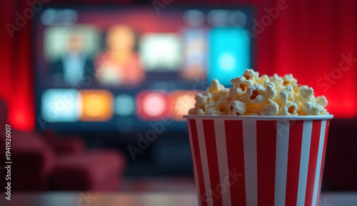 Popcorn bucket with TV streaming menu blurred in the background, evoking movie night vibes