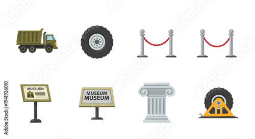 Construction and museum objects: truck, barrier, column, and more in flat design
