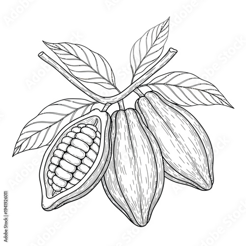 Illustration of a cocoa pod with leaves and seeds inside illustration