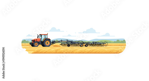 Modern farm tractor plowing wheat field against scenic landscape
