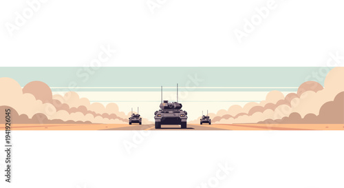 Desert convoy of armored vehicles in a retro futuristic landscape
