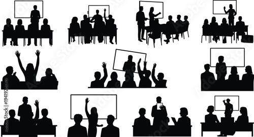 Business training presentation silhouettes, classroom seminar meeting teamwork education lecture discussion audience corporate workshop communication teaching conference flat vector illustration