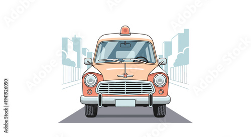 Vintage taxi car front view in cityscape with retro design and soft colors