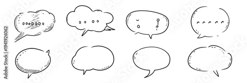 Hand drawn speech bubbles set with sketch comic doodle style outlines empty and dotted speech balloons for dialog and quotes vector illustration line art collection