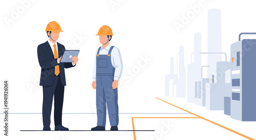 Industrial collaboration: engineer and worker discuss factory operations in a modern setting