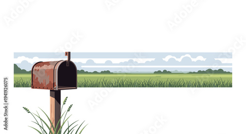 Rural mailbox scene with field and cloudy sky background