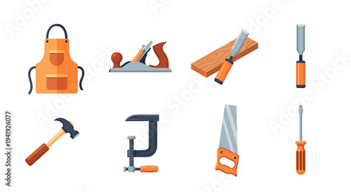 Essential woodworking tools collection in flat design style