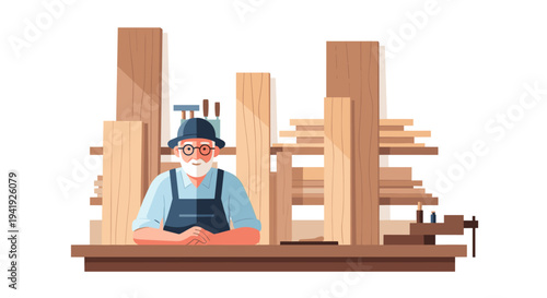 Carpenter working in wood workshop with tools and timber in flat design