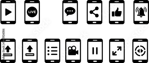 Flat black vector smartphone icons for social media and online app actions EPS10 Stock.eps