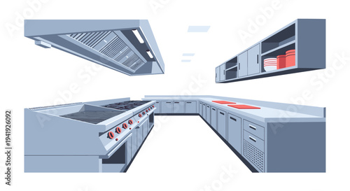 Modern commercial kitchen interior with appliances and cabinets in isometric style