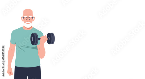 Elderly man lifting weights: flat style fitness and wellness concept
