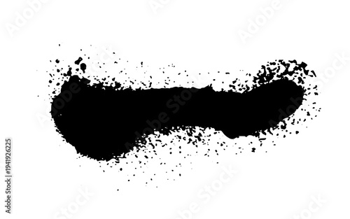 Black ink splatter with scattered drops and spray effect resembling aerosol paint. Grunge style vector illustration of liquid splash isolated on white background.