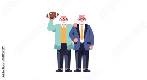 Elderly friends having fun with american football in flat design