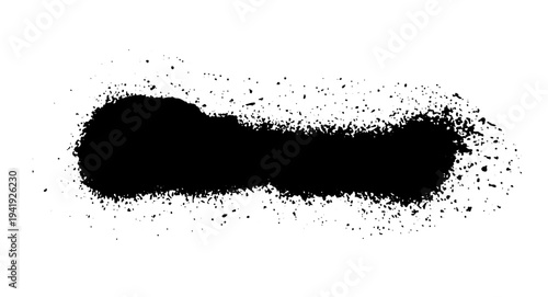 Black ink splatter with scattered drops and spray effect resembling aerosol paint. Grunge style vector illustration of liquid splash isolated on white background.