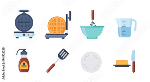 Essential breakfast kitchen utensils and ingredients in flat design style