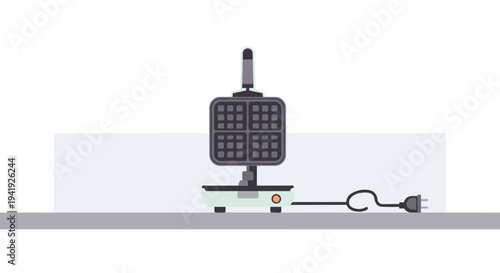 Retro waffle iron on kitchen counter with plug in minimalist flat design