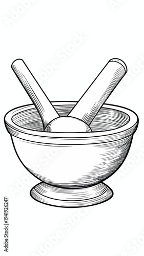 Detailed black and white hand drawn vector illustration of mortar and pestle kitchen tool with two pestles crossed inside bowl for grinding spices herbs cooking and food preparation concept