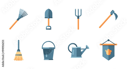 Flat design garden tools icon set with rake, shovel, and watering can