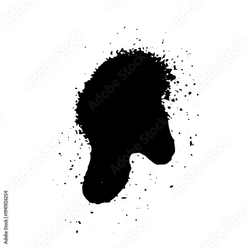 Black ink splatter with scattered drops and spray effect resembling aerosol paint. Grunge style vector illustration of liquid splash isolated on white background.