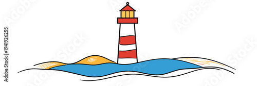 Colorful striped lighthouse on coastal landscape with blue water and sandy hills isolated on white background simple flat vector illustration