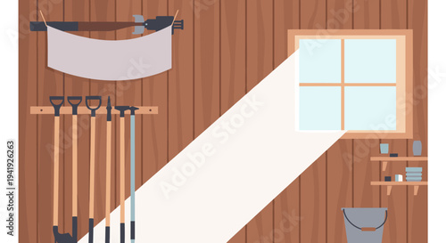 Cozy workshop with sunlight streaming through window on wooden toolshed interior