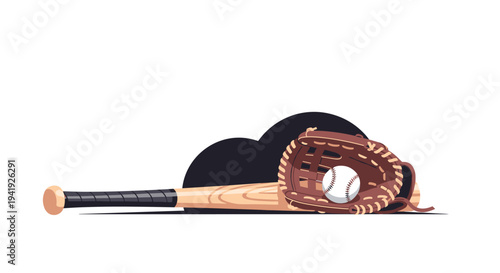 Baseball equipment on white background: bat, glove, and ball in flat design