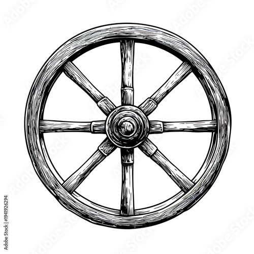 Hand drawn wooden wagon wheel sketch with eight spokes vintage rustic cart wheel detailed engraving style vector illustration isolated on white background