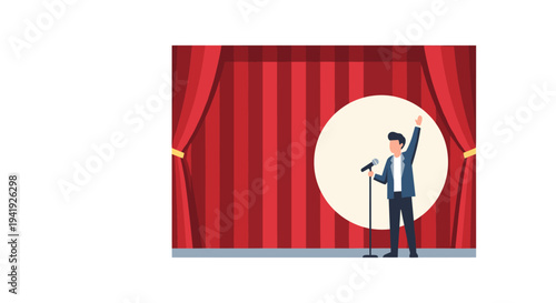 Comedian on stage with microphone in front of red curtains