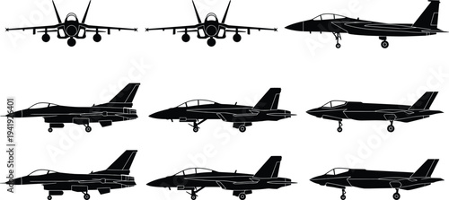 Modern military fighter jet silhouettes including F-16, F-18, F-15, and stealth aircraft vector illustration set