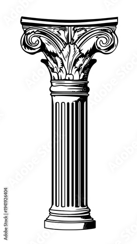 Detailed black and white vector illustration of classical Corinthian Roman column with ornate acanthus leaves and fluted shaft in minimalist outline style
