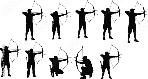 Archery silhouettes featuring standing and kneeling archers with bows drawn, diverse stances, side profiles, vector illustration for sports and training themes