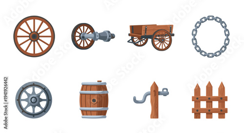Rustic farm tools and accessories collection on white background