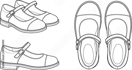 Classic Mary Jane flat shoes vector illustration, school footwear design, girls fashion outline set
