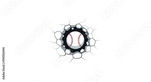 Baseball breaking through a cracked wall in minimalist style