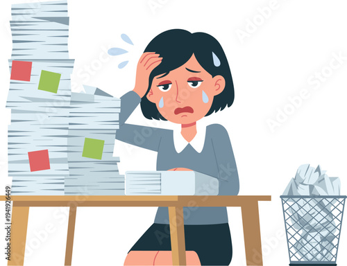 Stressed businesswoman overwhelmed with paperwork, office workload pressure illustration, frustrated employee with documents pile, work stress concept