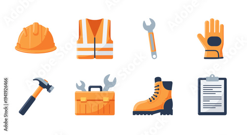 Construction safety equipment icons set featuring tools and gear for industry professionals
